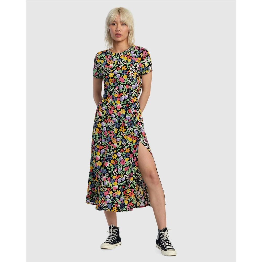 RVCA Dreamscape Floral Midi Dress Cutout Back Slit